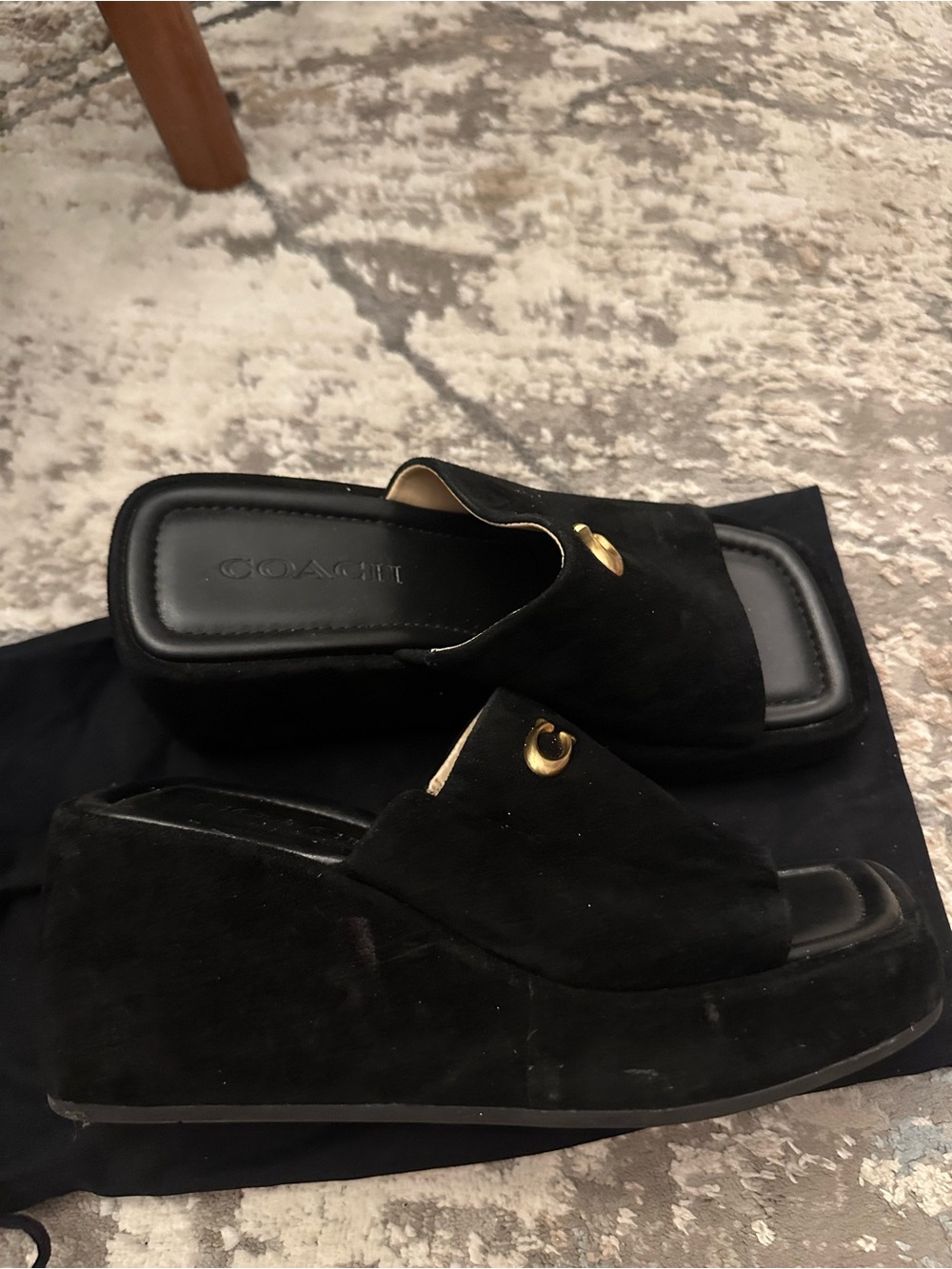 Authentic Coach Black Suede Wedge Slide Sandals with Gold Accent
